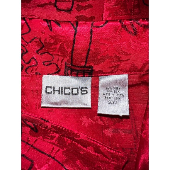 Chico's Red Silk Linen Blend Button Front Shirt Tropical Print Size L (2) Artsy - Picture 7 of 8